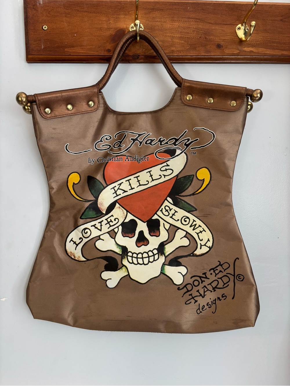 Christian Audigier bronz Graphic Tote with Red black and cream Accents